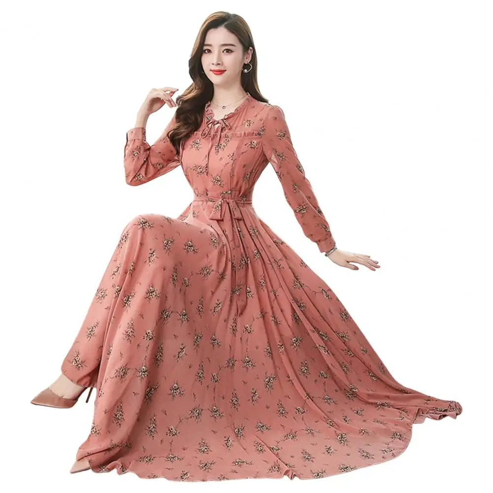 Women’s Summer Flower Print Maxi Dress | Long Sleeve, High Waist & Stylish Large Hem for Special Occasions