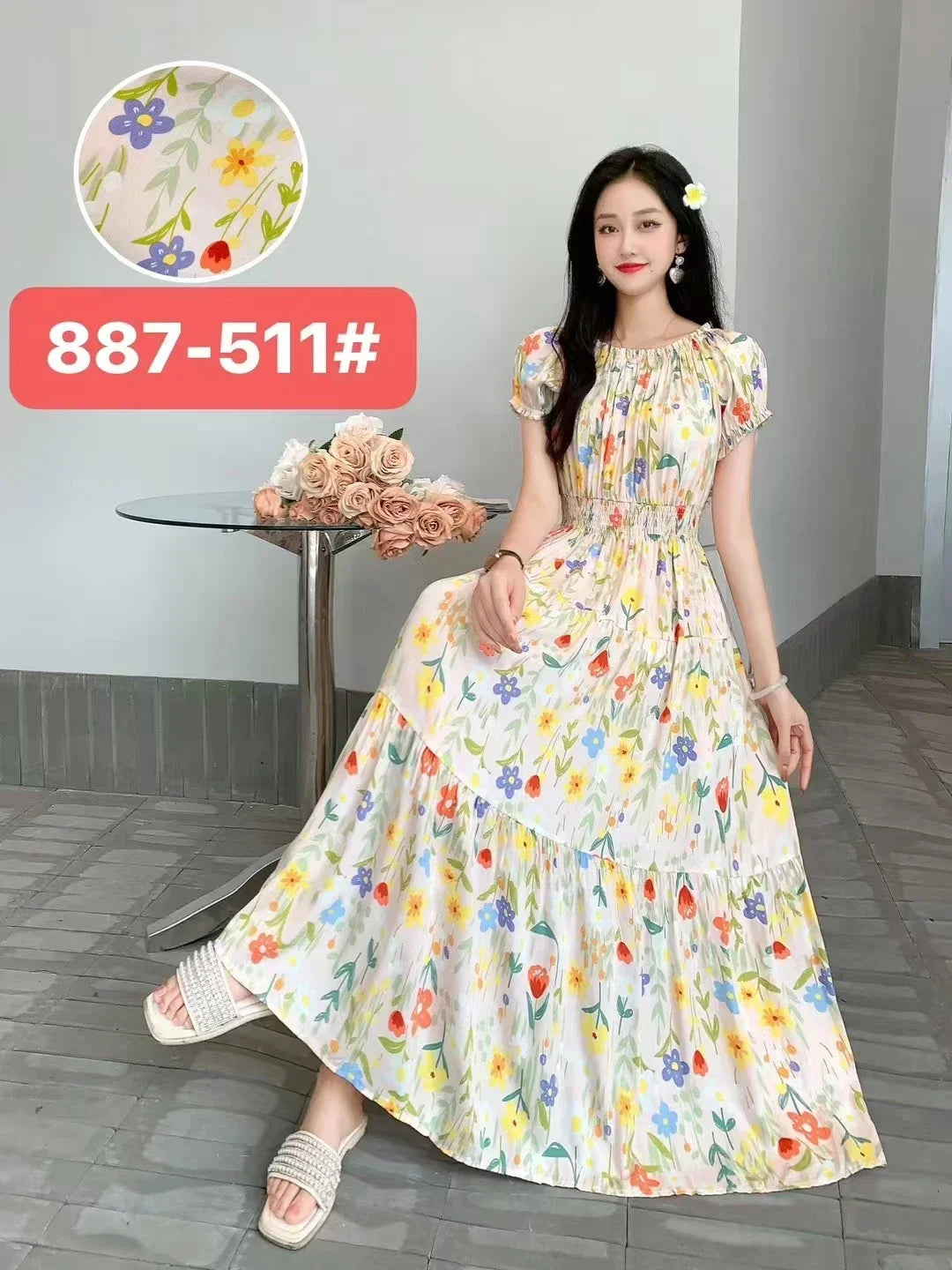 Women’s Bohemian Floral Maxi Dress | Cotton-Linen, Short Sleeves, Korean-Style for Summer