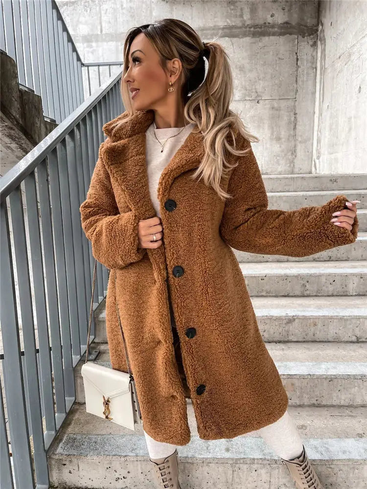 Stylish Women’s Teddy Fleece Coat | Faux Fur Lapel Cardigan, Mid-Length Sherpa Sweater, Plus Size 5XL