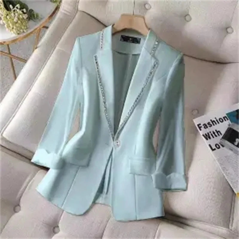 Luxury Women’s Blazer with Diamond Details | Three-Quarter Sleeves & Casual Fit for Spring/Summer