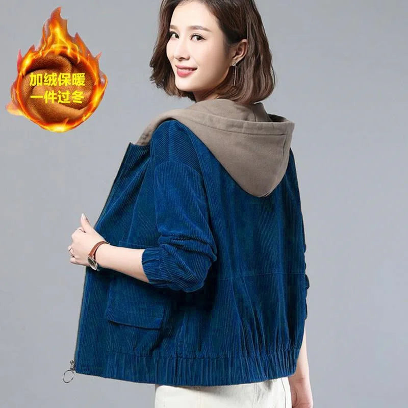 Women’s Velvet Corduroy Jacket | Hooded Loose-Fit Short Coat for Spring & Autumn