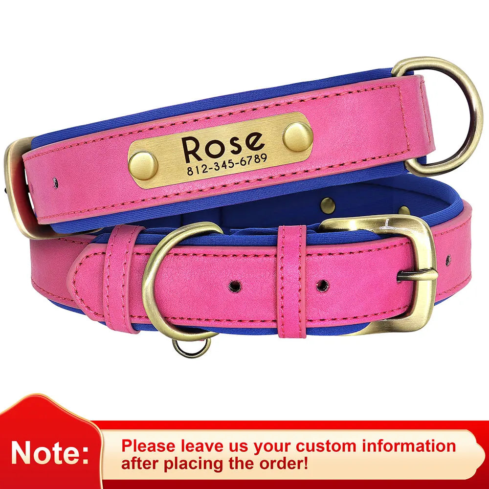 "Customized Leather Dog Collar - Soft Padded Adjustable ID Collar with Free Engraving | Nameplate for Small, Medium, Large Dogs"