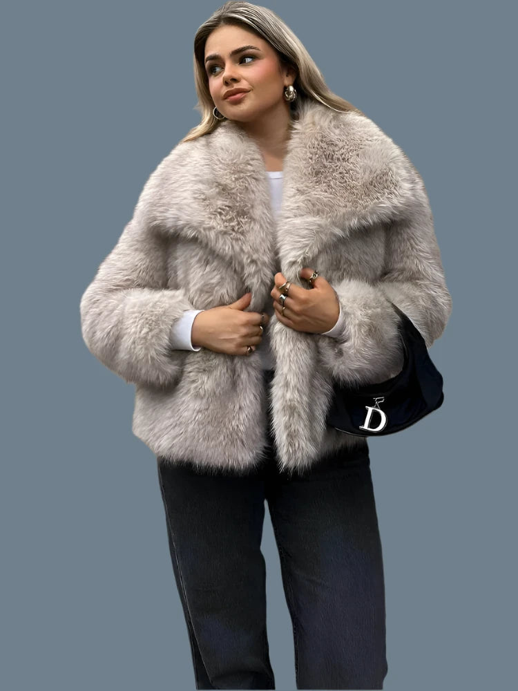 Stylish Cropped Faux Fur Jacket for Women | Cozy Long Sleeve Design with Lapel Collar