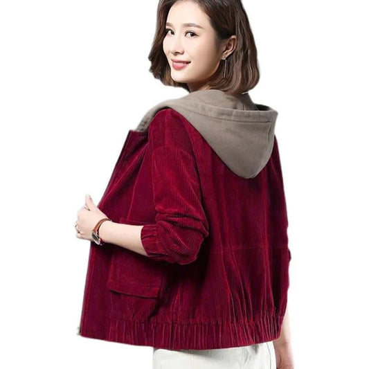 Women’s Velvet Corduroy Jacket | Hooded Loose-Fit Short Coat for Spring & Autumn