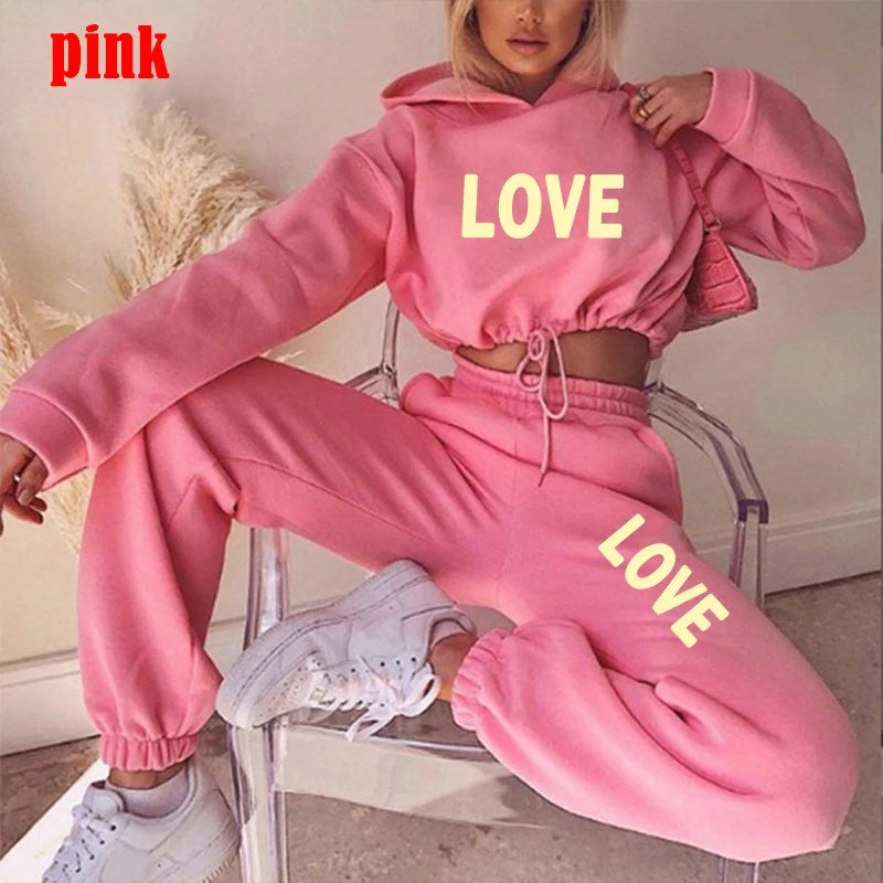 New Love Letter Print 2-Piece Set | Women’s Hooded Tracksuit for Casual Wear