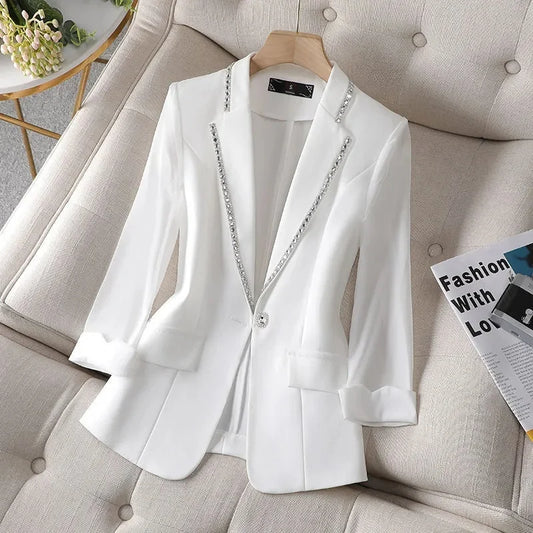 Luxury Women’s Blazer with Diamond Details | Three-Quarter Sleeves & Casual Fit for Spring/Summer