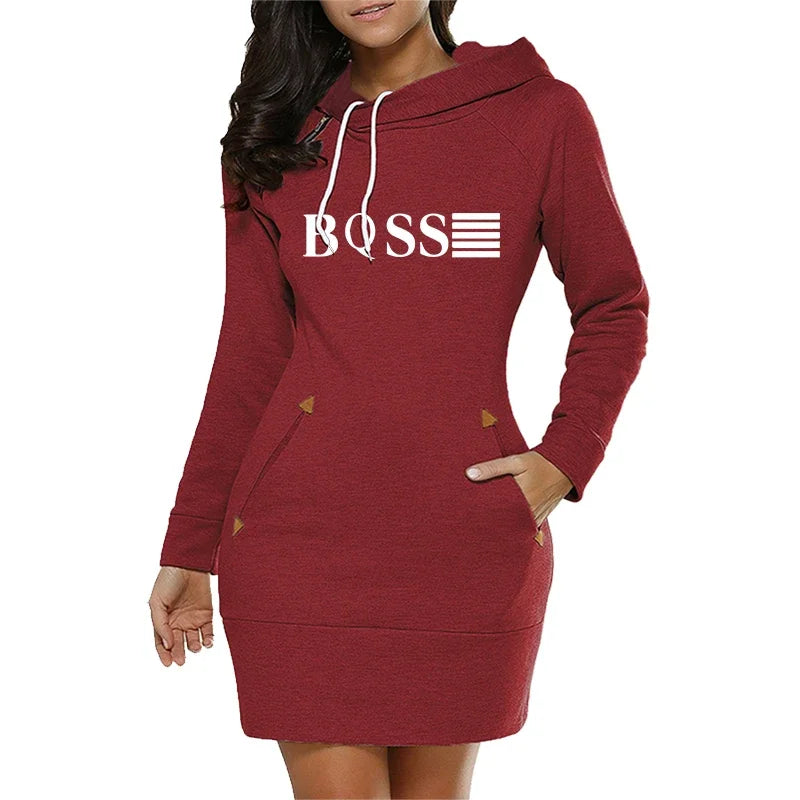 Boss Midi Dresses for Women | Casual Autumn & Winter Slim Fit with Pockets, Long Sleeves & Hoodie