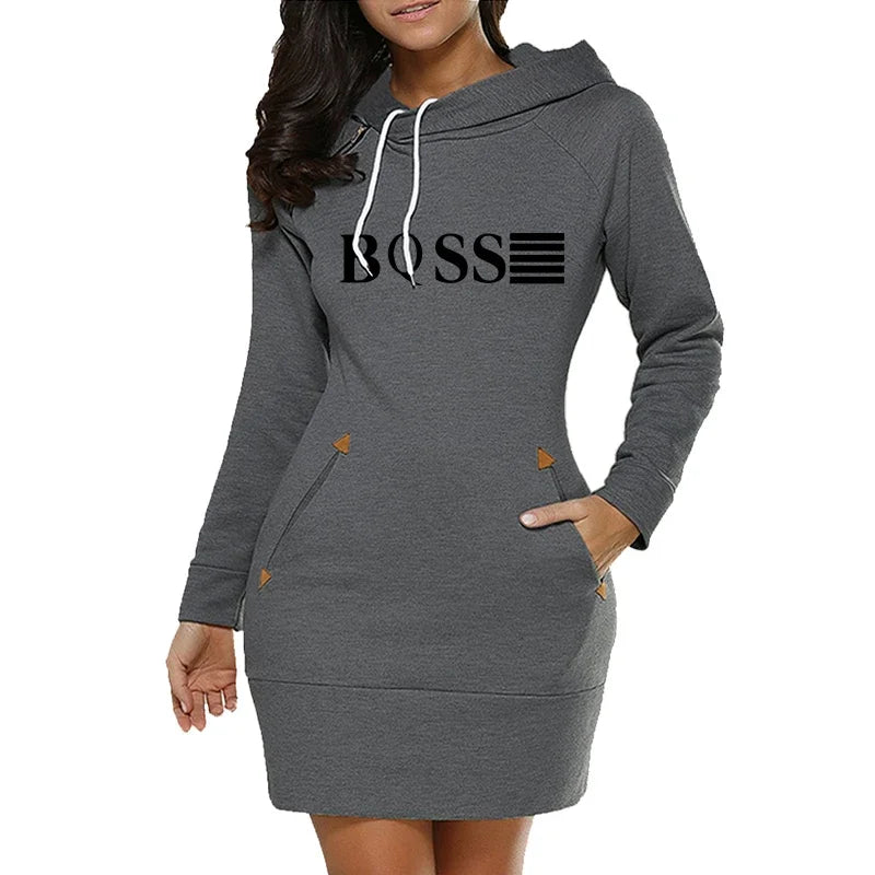 Boss Midi Dresses for Women | Casual Autumn & Winter Slim Fit with Pockets, Long Sleeves & Hoodie