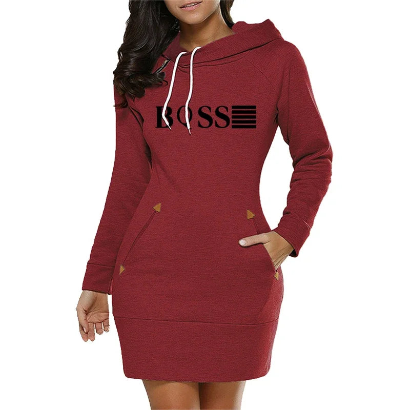 Boss Midi Dresses for Women | Casual Autumn & Winter Slim Fit with Pockets, Long Sleeves & Hoodie