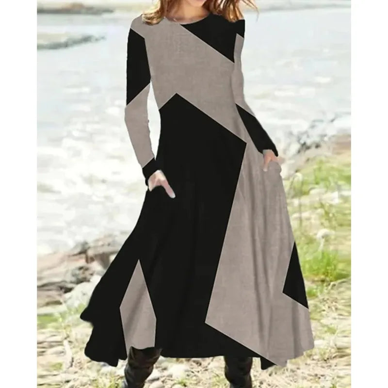 New Casual Ladies’ Dress for 2024 | Elegant Contrast Color Midi with Pockets & Long Sleeves