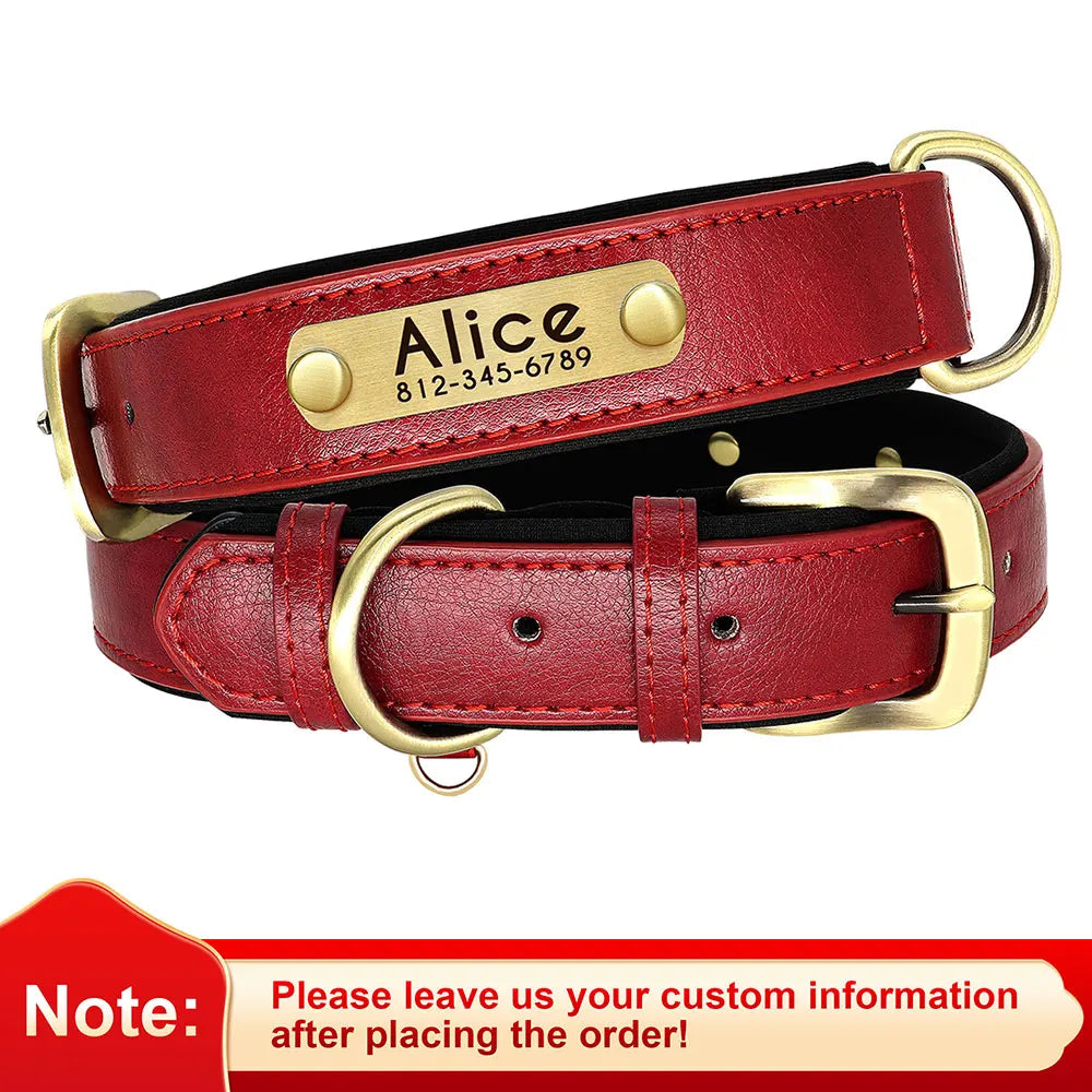 "Customized Leather Dog Collar - Soft Padded Adjustable ID Collar with Free Engraving | Nameplate for Small, Medium, Large Dogs"