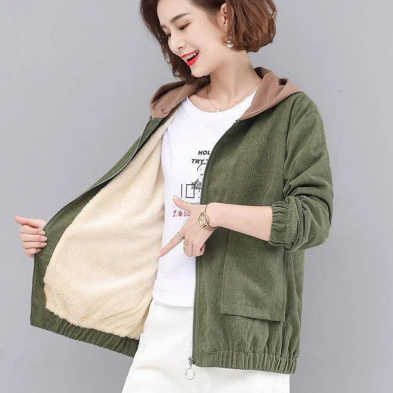 Women’s Velvet Corduroy Jacket | Hooded Loose-Fit Short Coat for Spring & Autumn